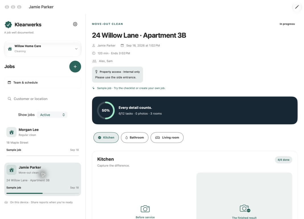 See the actual Klearwerks app with sample jobs